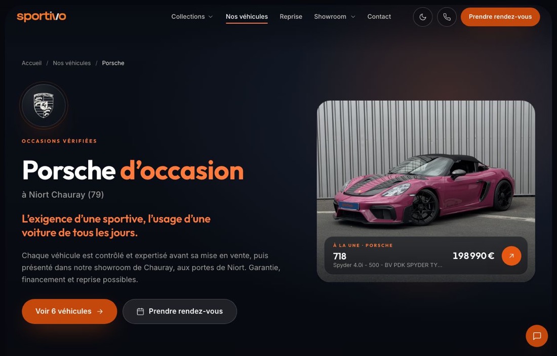 Les pages marques — ici, les Porsche en stock à Chauray