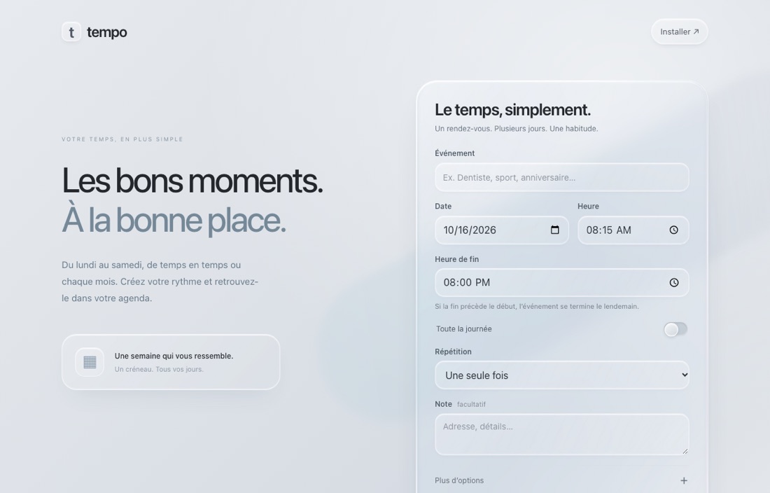 Site web Tempo réalisé par l'agence Figlify — Application · Agenda